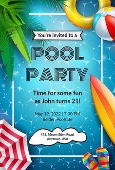 a pool party flyer with an umbrella, surfboard and beach ball in the water