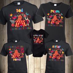 Circus Family Birthday Matching T Shirts THIS LISTING IS FOR ONE SHIRT ONLY DIRECT TO GARMENT PRINTING How to order: Select Size. Select Shirt Color. Select Name: (for Ex. Mommy, Daddy, Brother, Sister, Etc.) (Age will only appear on the birthday boy or girl shirt.) To order multiple shirts you will need to repeat this process and add it to your cart, then you can checkout all at the same time. We use first Quality T shirt pre-shrunk cotton. WE STRONGLY RECOMMEND TO TAKE A LOOK AT THE CHART SIZE Birthday Animals, Circus Themed Party, Birthday Boy Party, Girls Sister, Matching T Shirts, Circus Animals, Carnival Circus, Carnival Birthday, Circus Birthday