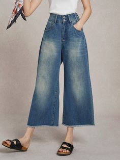 Daily Urban Denim Plain Wide leg Jeans | stylewe Wide Leg Pants Jeans, Loose Wide Leg Pants, Pants Jeans, Spring And Fall, Wide Leg Jeans, Jeans Pants, Leg Jeans, Wide Leg Pants, Wide Leg