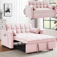 a living room with pink furniture and white walls