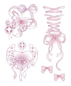 some pink ribbons and bows are on the white background with an angel's wings