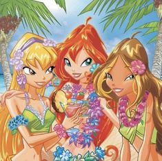 three beautiful young women standing next to each other on a beach with palm trees in the background