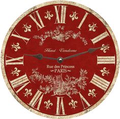 a red clock with roman numerals on it's face and the words rue des princess paris