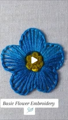 a blue flower with yellow center sitting on top of a table