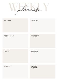 the printable weekly planner is shown in white with black lettering and an elegant font