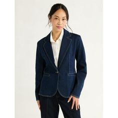 A soft silhouette and simple one-button closure, Free Assembly's Womens Single-Breasted Denim Blazer brings a feminine vibe to your workday or weekend. The notched collar and pockets in front are a subtle nod to a menswear-inspired design, while the tailored waist and curved front add feminine charm. Pair it with a button-front shirt and trousers for an impeccable 9-to-5 look, then update it with high-waisted jeans and a white tee for a trendy denim-on-denim style. Only at Walmart. Size: XS.  Co Notch Lapel Denim Jacket For Workwear, Chic Relaxed Fit Denim Jacket For Work, Elegant Denim Blazer For Work, Denim Blue Notch Lapel Blazer For Work, Classic Notch Lapel Denim Jacket, Classic Denim Jacket With Notch Lapel, Notch Lapel Denim Blue Blazer For Work, Classic Dark Wash Blazer For Work, Notch Lapel Denim Jacket With Welt Pockets For Work