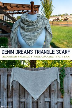 a crocheted triangle shawl is shown with the text, denim dreams triangle scarf