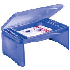 a blue plastic desk with glasses on top