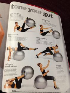 an open book with pictures of people doing exercises on exercise balls