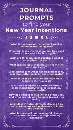 a purple poster with the words journal prompts to find your new year intentions