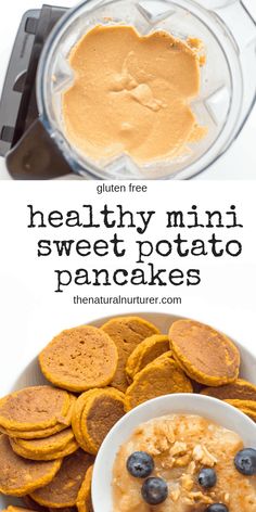 healthy mini sweet potato pancake recipe with peanut butter and blueberries in the bowl