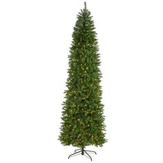 a tall artificial christmas tree with lights on it's top and the base is green