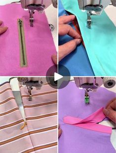 four pictures showing how to sew on different colored fabrics and the process behind them