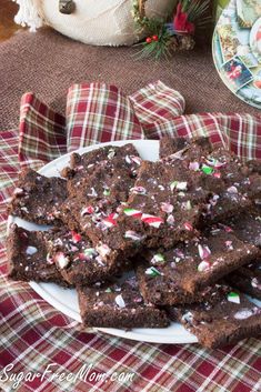 a plate full of brownies with candy canes on it next to christmas decorations