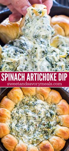 spinach artichoke dip in a cast iron skillet with bread crusts