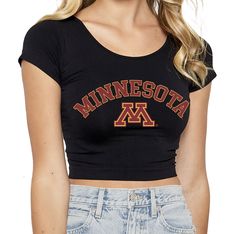 This super flattering University of Minnesota Cropped and Fitted Tee is perfect for college game day paired with our Minnesota Game Day Skirt! Our Minnesota Babydoll Tee's stretchy fabric makes it the perfect option for all body types. Stretchy and soft, you'll want to rock this top every day! Go Golden Gophers! In stock & ships in 1-2 business days. One Size Fits Most. 88% Micropoly, 12% Spandex. Stretch Fit. Sublimated Design for long lasting quality. Machine wash on cold. Officially Licen Babydoll Tee, College Game Day, College Games, College Game Days, Black Babydoll, University Of Illinois, University Of Minnesota, Fitted Tee, Workout Tee