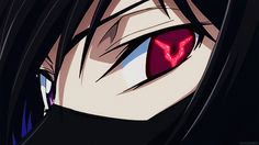 an anime character with long black hair and red eyes