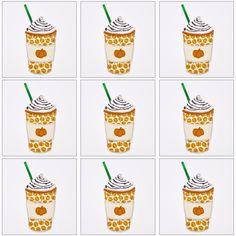 six pictures of iced coffee with pumpkins and whipped cream on them, all arranged in squares