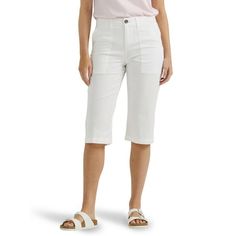 The Lee Women's Ultra Lux Skimmer Pants are made for all-day comfort thanks to the soft waistband and stretch fabric. Utility front pockets, dungaree back pockets and horn button details add functional style that makes a subtle statement. Cropped perfectly for warm weather, pull out these pants to complete your outfit. Size: 6.  Color: White.  Gender: female.  Age Group: adult. Stretch Cotton Capris For Work, Stretch Straight Leg Capris With Pockets, Versatile Cropped Leg Cotton Capris, Versatile Cotton Cropped Leg Capris, Stretch Capris With Pockets For Work, Relaxed Fit Capris With Side Pockets For Work, Cotton Cropped Leg Capris For Work, Casual Jeans With 5-inch Inseam And Pockets, Casual Jeans With 5-inch Inseam