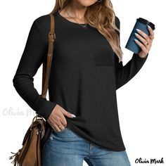 Olivia Mark - Relaxed Casual Long Sleeve Shirt with Pocket and Round Neck Casual Crew Neck Long Sleeve Top For Work, Fall Crew Neck Plain Blouse, Fall Plain Crew Neck Blouse, Fall Season Plain Crew Neck Blouse, Everyday Long Sleeve T-shirt With Pockets, Casual Plain Blouse For Fall, Long Sleeve T-shirt With Pockets For Fall, Fall Long Sleeve T-shirt With Pockets, Long Sleeve Workwear T-shirt With Pockets