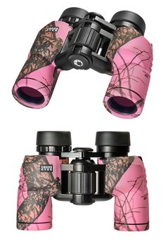 the pink and black binoculars are set up to look like they have trees on them