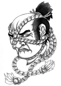 an ink drawing of a man's face with braids around his neck and nose