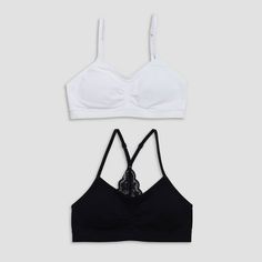 The transition to wearing a bra will be easier when she has brasthat are equally cute and comfortable, like the bras in this 2-pack of Seamfree Lace-Back Crop bras from Maidenform. These girls training bras are made of nylon and spandex blend that's soft on skin and stretches to move with her for all-day comfort. This pack gives her two options in basic colors, black and white, with the detail of one lace back bra and one traditional to suit various tops. With removeable pads and no wires, these Colors Black And White, Crop Bra, Lingerie Outfits, Kids Outfits Girls, Lace Back, These Girls, Basic Colors, 2 Pack, Girl Outfits