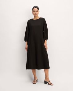 About This Style. This piece features a midi length, crew neckline, waisted A-line silhouette, side pockets, full lining, and long sleeves, made with 100% linen. Long Sleeve Dresses With French Seams For Work, Black Linen Long Sleeve Dress For Spring, Black Long Sleeve Linen Dress For Spring, Relaxed Fit Midi Dress For Fall Daywear, Relaxed Fit Fall Maxi Dress, Fall Daywear Dress With Unlined Sleeves, Fall Season Relaxed Fit Maxi Dress, Elegant Linen Dress With Relaxed Fit And Midi Length, Linen Midi Dress For Daywear