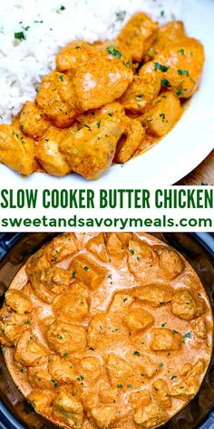 the slow cooker butter chicken is ready to be eaten and served with white rice