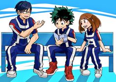 three anime characters sitting on a bench