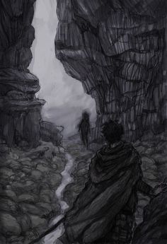 a black and white drawing of a man standing in front of a cave with rocks