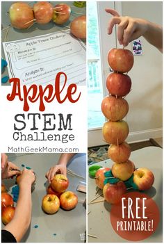 This fun apple STEM challenge will excite your kids. It's perfect for back to school or fall or to use along with the book, "Ten Apples Up On Top!" Fall Stem Activities For Kids, Fall Math Activities, Stem Activities Preschool, Elementary Stem Activities, Stem Resources