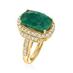 Ross-Simons - 7.50ct Emerald Ring, .69ct t. w. Diamonds in 18kt Yellow Gold Over Sterling. Size 5. An RS exclusive. Adorn your jewelry box with our verdant gemstone statement! Spotlighting an eye-catching 7.50 carat rectangular cushion-cut emerald nestled within the sizzling sparkle of .69 ct. t. w. diamond rounds. Set in polished 18kt yellow gold over sterling silver. 5/8" wide. Diamond and emerald ring. Diamond birthstones are the perfect gift for April birthdays. Exquisite Pave Setting Emerald Anniversary Ring, Formal Emerald Ring With Pave Setting, Formal Yellow Gold Emerald Ring With Pave Setting, Fine Jewelry Emerald Ring With Pave Setting, Elegant Emerald Ring In Yellow Gold With Pave Setting, Elegant Emerald Ring With Pave Setting In Yellow Gold, Elegant Yellow Gold Emerald Ring With Pave Setting, Dazzling Yellow Gold Emerald Ring For Formal Occasions, Dazzling Yellow Gold Emerald Ring For Formal Events