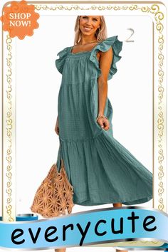 Green Smocked Neckline Flutter Sleeve Maxi Dress Sleeve Maxi Dress, Dresses By Length, Color Pick, Maxi Dress With Sleeves, Women Dresses, Long Maxi Dress, Flutter Sleeve, Maxi Dresses, Women's Fashion Dresses