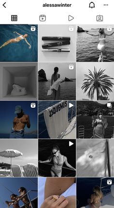 an iphone photo collage with black and white images, including people in swimsuits