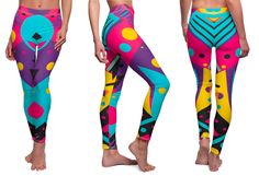 Designer Casual Leggings, Retro 80's Pattern Leggings, Super Colorful Pants, Workout Wear, Abstract Art Print, Fashionable Leggings. Crisp imagery, vibrant colors, and a soft touch - these elastic skinny-fit leggings are perfect for any casual occasion in life.   .: 95% Polyester brushed suede 5% Spandex .: Skinny fit .: Tagless .: White thread color .: Runs true to size .: NB! Black color prints may appear in a greyish tone .: Assembled in the USA from globally sourced parts Artistic Stretch Multicolor Bottoms, Artistic Multicolor Stretch Bottoms, Colorful Pants, Casual Leggings, Gym Fits, Pattern Leggings, Legging Outfits, Womens Leggings, Abstract Art Print