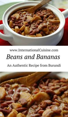 beans and bananas in a white bowl next to a wooden spoon on a red towel