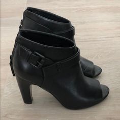 Open Toe Black Bootie Perfect For Spring-Fall! Super Cute And Barely Worn. Formal Spring Booties With 4-inch Heel, Fall Formal Open Toe Booties, Chic Open Toe Booties For Formal Occasions, Chic Open Toe Booties For Formal Events, Elegant Closed Toe Booties With Buckle Closure, Black Open Toe Formal Booties, Black Open Toe Heeled Boots For Formal Occasions, Elegant Open Toe Boots With Stacked Heel, Open Toe Boots For Formal Fall Occasions