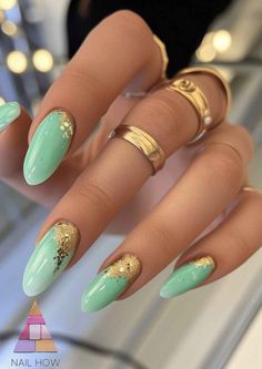 Mint Gold Nails, Mint Green Nail Designs, Monochromatic Nails, Mint Green Nails, Mint Nails, Gold Acrylic Nails, Glitter Accent Nails, Green Nail Art