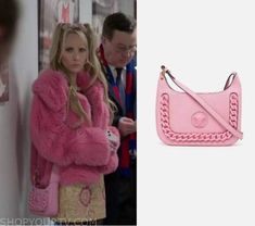 a pink handbag is shown next to a photo of a woman in a pink coat