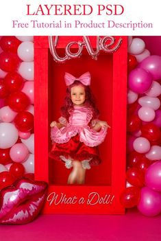 a doll in a red frame surrounded by balloons