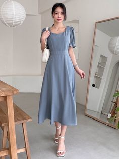 Dusty Blue Dress Outfit, A Line Dress Casual Simple, Puff Sleeve Dress Classy, Dusty Blue Dresses, Classy Midi Dresses, Blue Dress Outfits, Dusty Blue Dress, Midi Dress Outfit, Modest Dresses Fashion