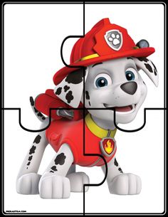 a puzzle piece with a cartoon dog wearing a fireman's hat on it