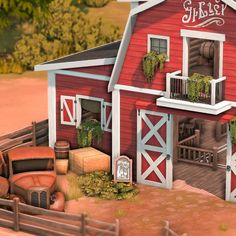 an animated farm scene with a red barn