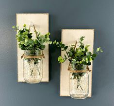 two mason jar wall sconces with greenery in them on a gray wall