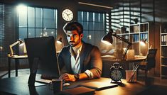 a man sitting at a desk in front of a computer with a clock on the wall