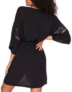 The Desirae robe is the perfect cover-up for a special night in. The short, kimono-style sleeves and all-over lace make this robe ideal for layering over your favorite lingerie. Robe Rayon/Nylon/Spandex Woven-rayon body Cropped kimono sleeves Lace inserts at sleeves Belt-tie closure Summer V-neck Night Robe, Summer Night V-neck Robe, Summer Party Robe With V-neck, Elegant Black V-neck Cover-up, Summer Party V-neck Robe, Elegant Black Summer Robe, Black Summer Beach Robe, Elegant Summer Kimono With Lace Trim, Cropped Kimono