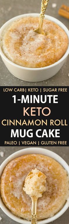 two images showing how to make low carb cinnamon roll mug cake with an oven option