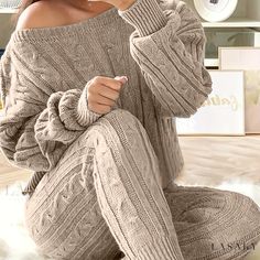 Lasaky - Premium Plus Size Casual Sweater Outfit Set: Womens Plus Solid Long Sleeve One Shoulder Cable Knit Jumper and Sweater Pants Two Piece Set Two Piece Sweater Set, Shoulder Cable, Pullover Outfit, Lounge Outfit, Sweater Outfit, Cable Knit Jumper, Sweater Set, Casual Sweaters, Softest Sweater