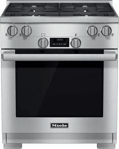 a stainless steel stove with four burners and two oven doors on the front side